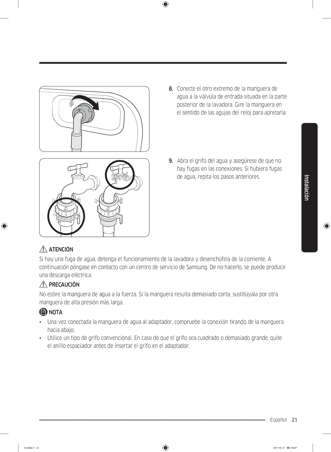 Samsung WW70J5555DW/EC, WW90J5355FW/EC, WW80J5355DW/EP, WW80J5355DW/EC, WW80J5355MW/EC, WW80J5355MW/EP manual Español 21  